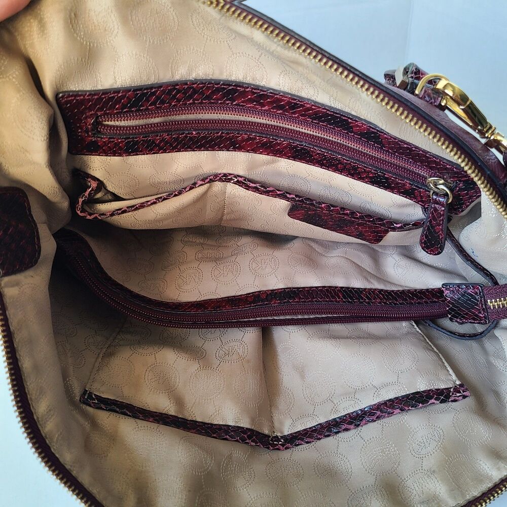 Michael Kors Burgundy Leather Python Embossed Satchel Shoulder Bag Purse Large - Picture 9 of 16